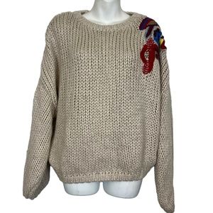 Zara Knit Women's Chunky Oversized Embroidered Long Statement Sleeve Sweater  M